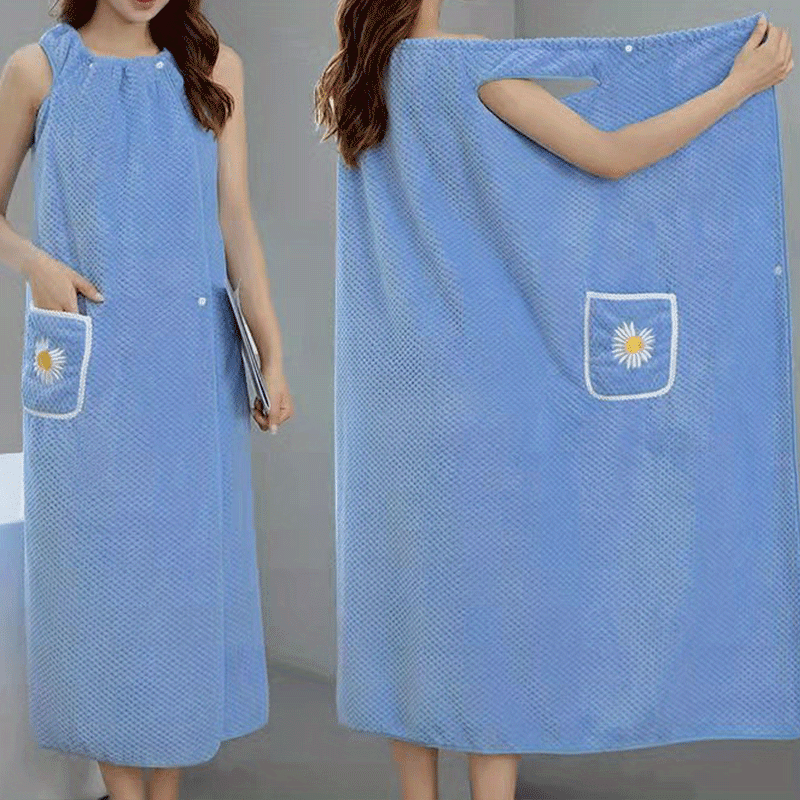 Light Blue Extra-Long Coral Fleece Bath Towel with Daisy Pocket - Super Absorbent, Machine Washable, Soft & Durable for Bathroom Use, Robe Wear | Detailing | Light Blue Coral Fleece